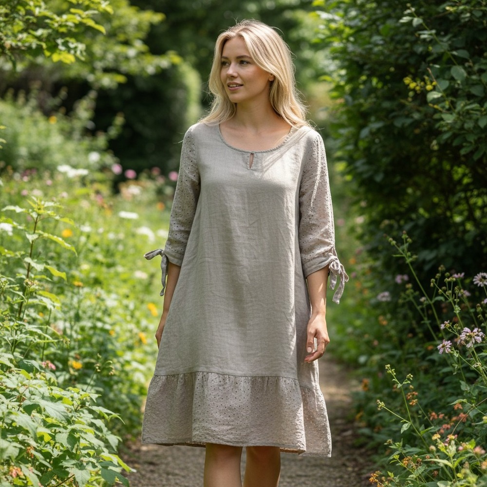 Francesca Bettini Linen Dress Women M Taupe Eyelet Lace Italian Shift 19A2119